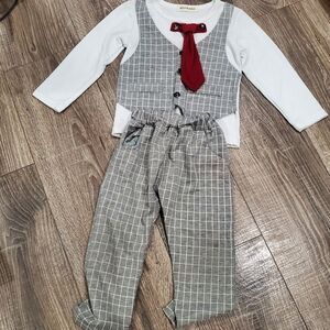 Boys Suit Outfit Size 4 Fashion Tie Outfit Tee Long Sleeve and Long Pants Gray